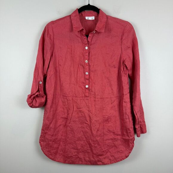 J.Jill Love Linen Top Womens XS Petite Red Watermelon Button Front Tunic Coastal - Picture 1 of 8
